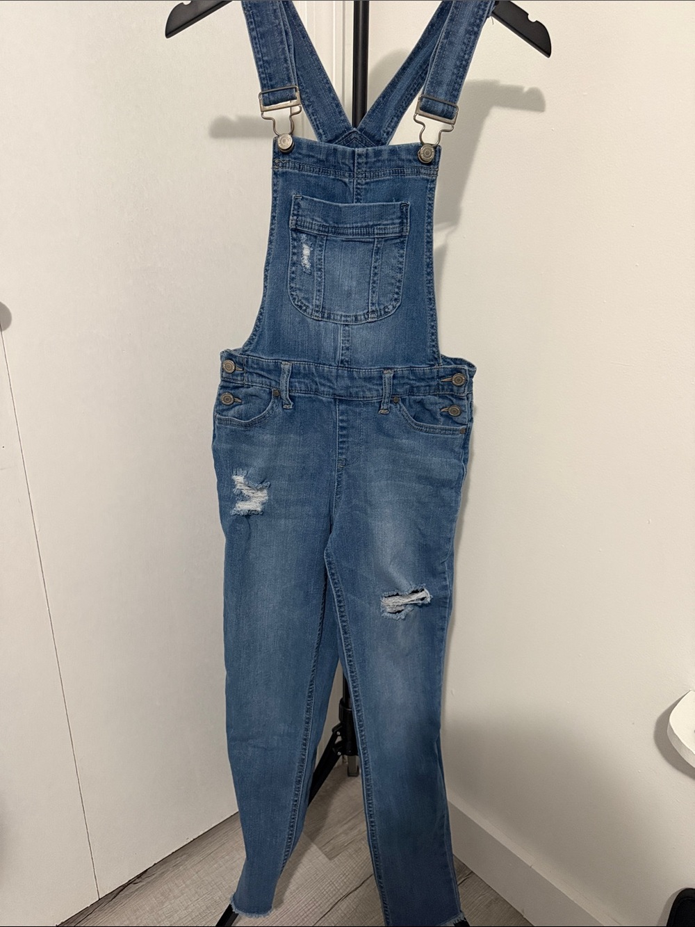 Women's Distressed Denim Overalls in Blue